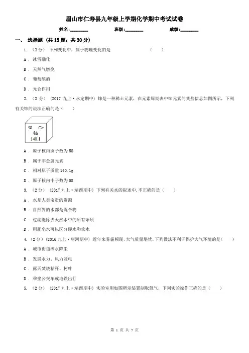 眉山市仁寿县九年级上学期化学期中考试试卷