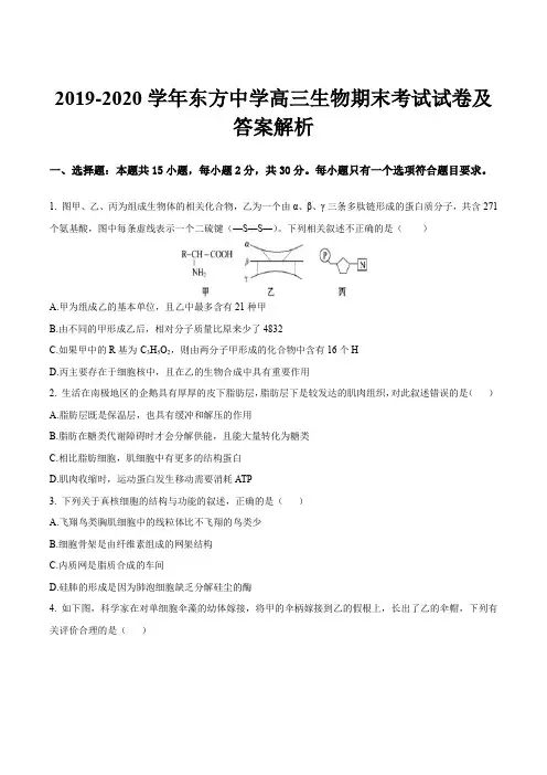 2019-2020学年东方中学高三生物期末考试试卷及答案解析