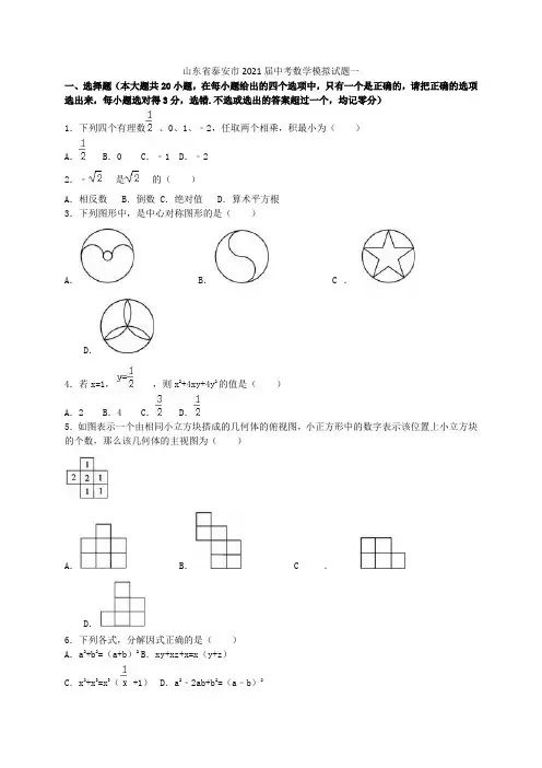 山东省泰安市2021届中考数学模拟试题一(含解析)