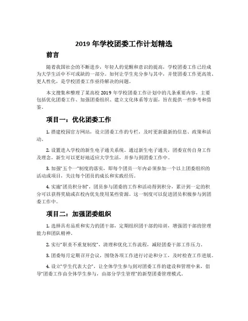 2019年学校团委工作计划精选