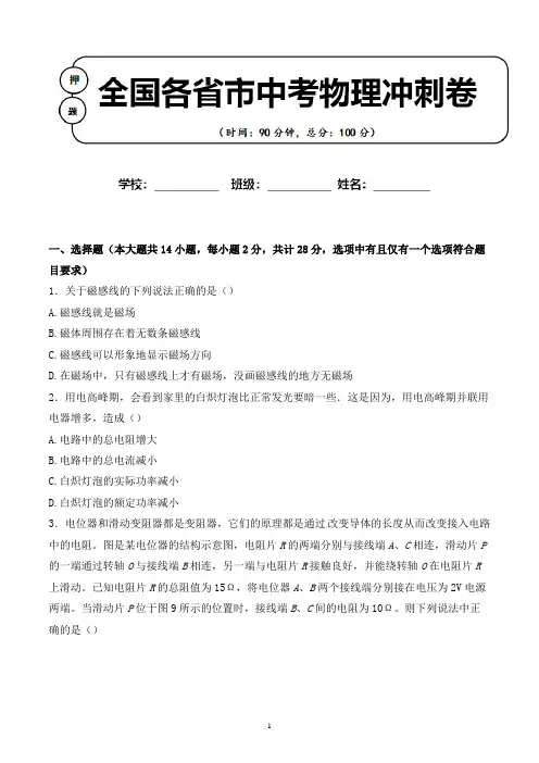 2020年 山东省滨州市中考物理适应性考试试卷解析版(全网唯一)
