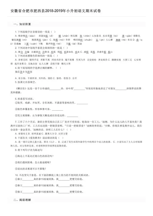 安徽省合肥市肥西县2018-2019年小升初语文期末试卷及参考答案