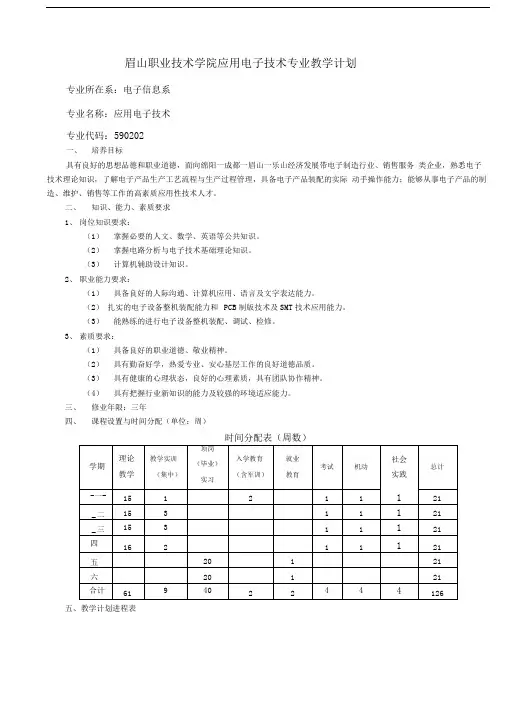 眉山职业技术学院应用电子技术专业教学计划