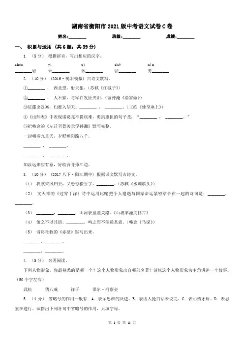 湖南省衡阳市2021版中考语文试卷C卷