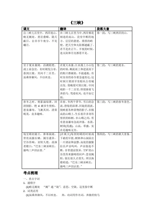 中考语文《三峡》知识全面梳理及典题练习