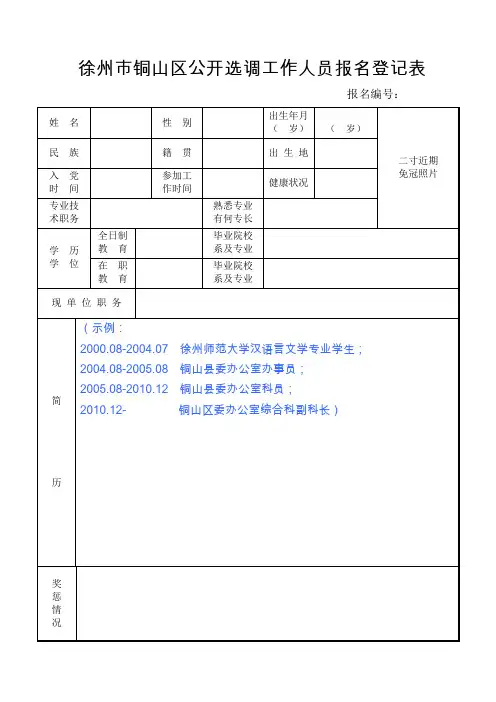 徐州市铜山区公开选调工作人员报名登记表