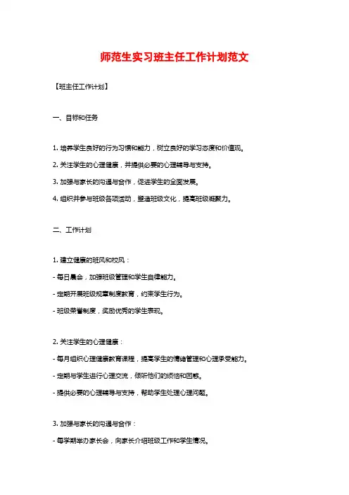 师范生实习班主任工作计划范文