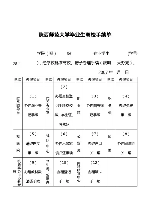 陕西师范大学 毕业生离校手续单+