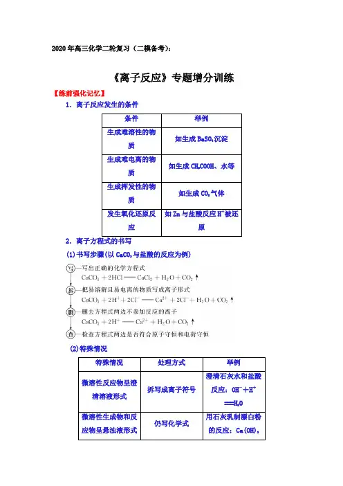 2020年高三化学二轮复习(二模备考)：《离子反应》专题增分训练【答案+解析】