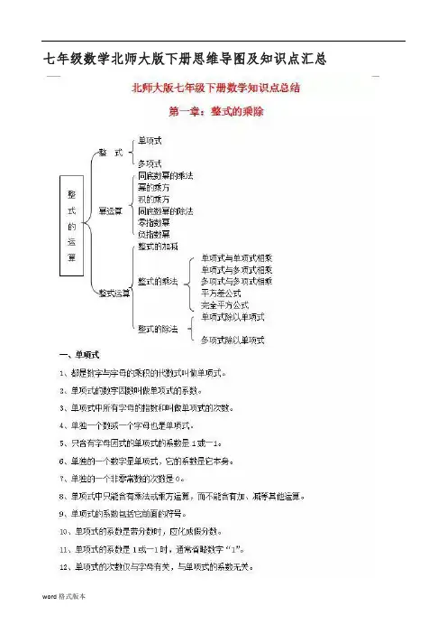 七年级数学北师大版(下册)思维导图与知识点汇总