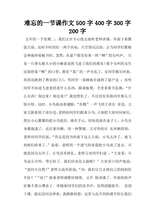 难忘的一节课作文500字400字300字200字