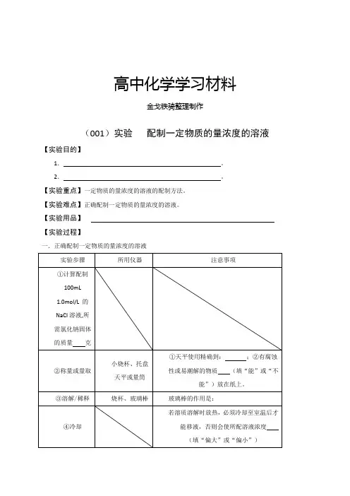 人教版高中化学必修一实验  配制一定物质的量浓度的溶液