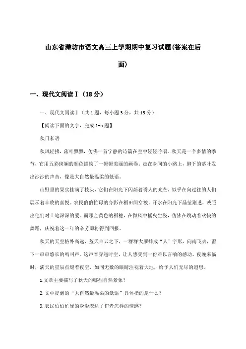 山东省潍坊市语文高三上学期期中试题及解答参考