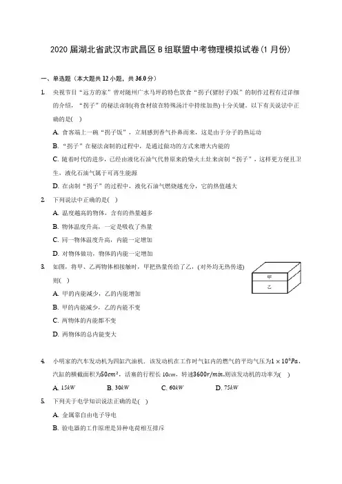 2020届湖北省武汉市武昌区B组联盟中考物理模拟试卷(1月份)(含解析)