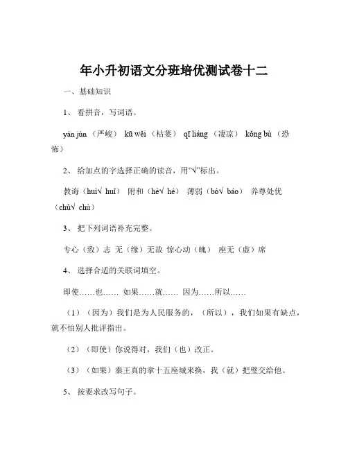 年小升初语文分班培优测试卷十二