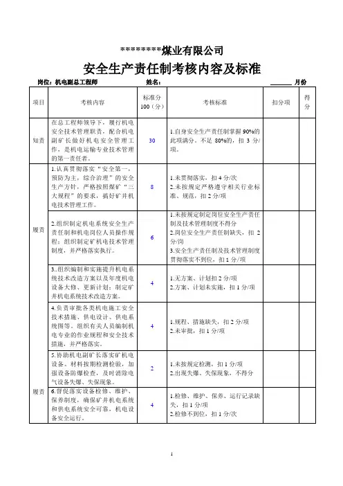 机电副总工程师安全生产责任制考核内容及标准