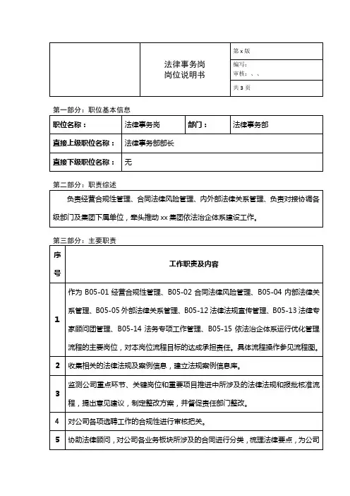 法律事务部法律事务岗岗位说明书