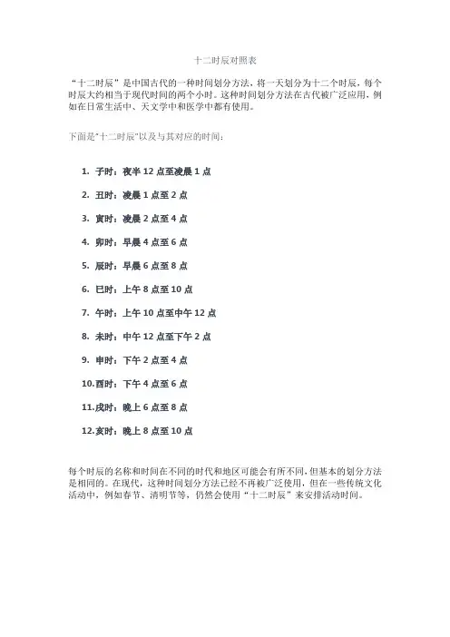 十二时辰对照表