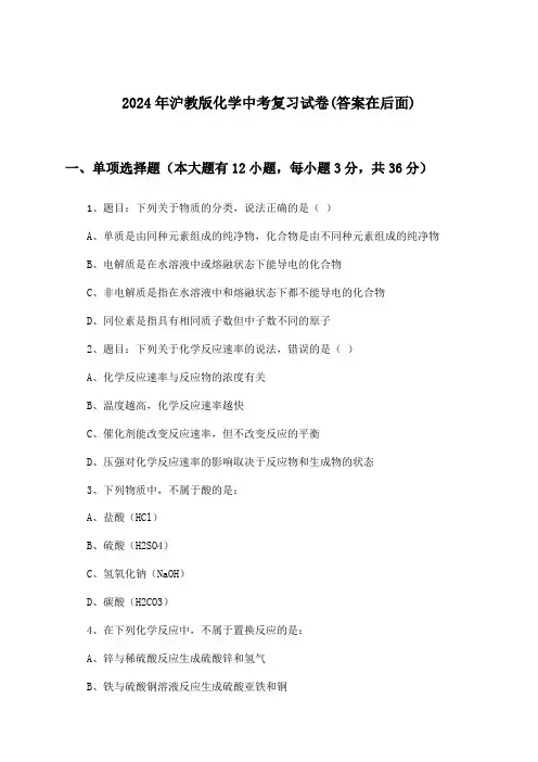 2024年沪教版中考化学试卷及解答参考