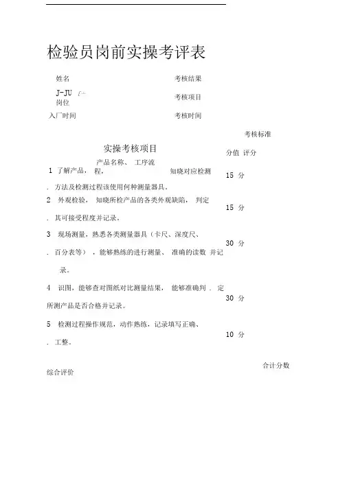 检验员岗前实操考评表x
