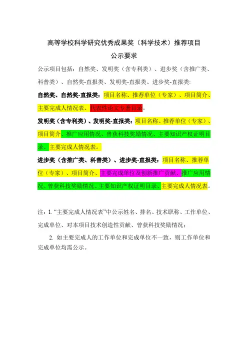 高等学校科学研究优秀成果奖(科学技术)推荐项目
