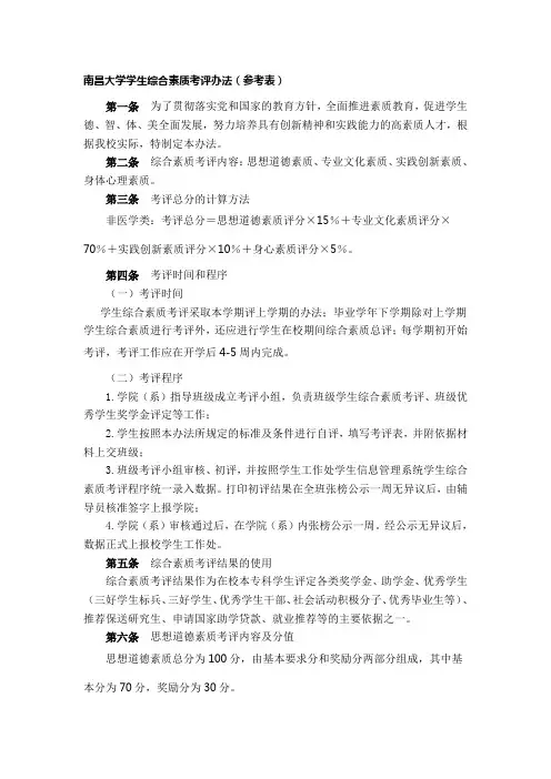 南昌大学学生综合素质考评办法(参考表)