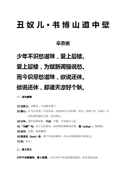 《丑奴儿书博山道中壁》注音及解释