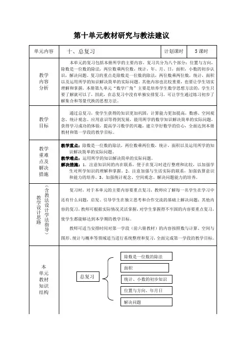 人教版三年级数学下册第十单元《总复习》单元计划和教案