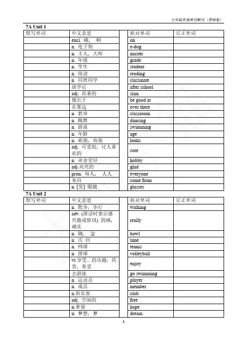 七年级英语单词默写(译林版)