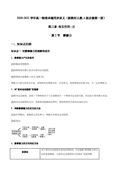 人教版高中物理必修一3.2 摩擦力(解析版) 讲义