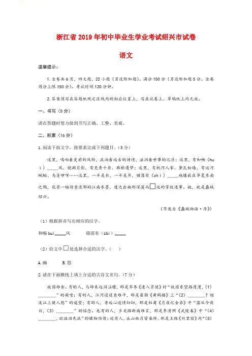 浙江省绍兴市2019年初中毕业生学业考试语文试题Word版含答案