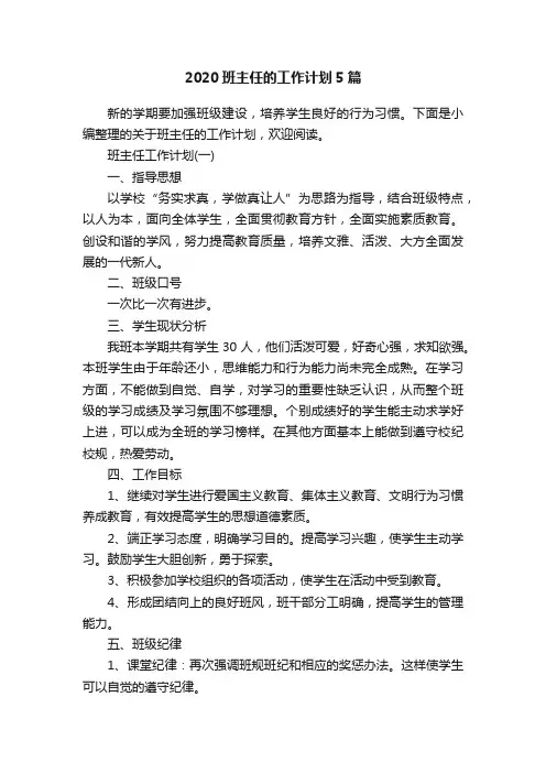 2020班主任的工作计划5篇