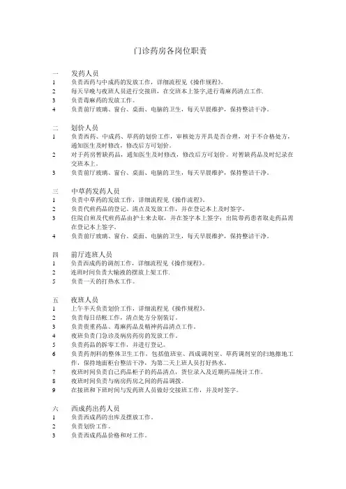 门诊药房各岗位职责