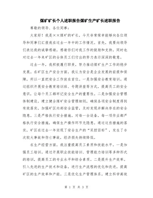 煤矿矿长个人述职报告煤矿生产矿长述职报告