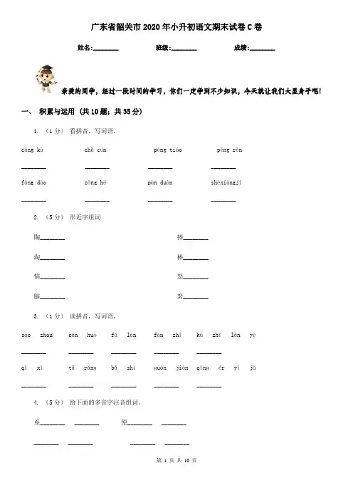广东省韶关市2020年小升初语文期末试卷C卷(考试)
