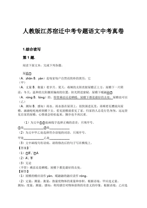 人教版江苏宿迁中考专题语文中考真卷试卷及解析