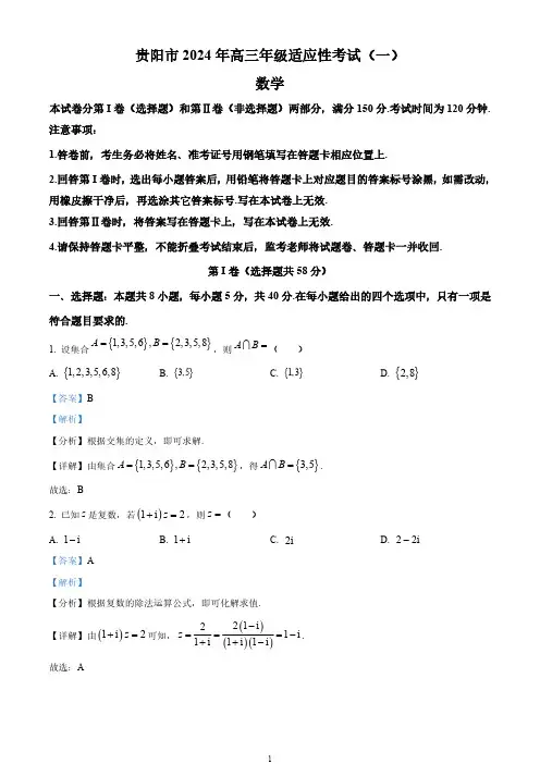 贵州省贵阳市2024届高三下学期适应性考试数学试卷(一)(教师版)