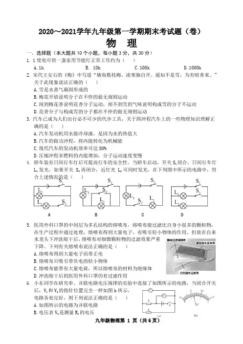 2020-2021学年九年级上学期期末物理试题