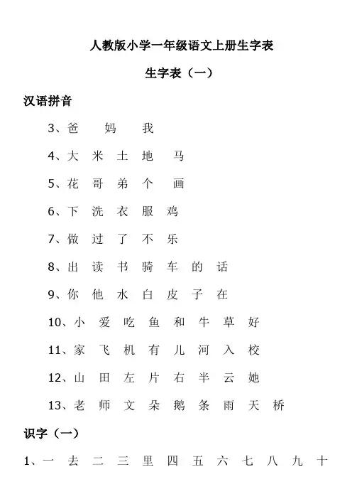小学一年级语文上册生字表