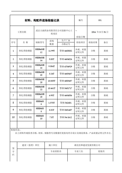 材料构配件进场检验记录资料