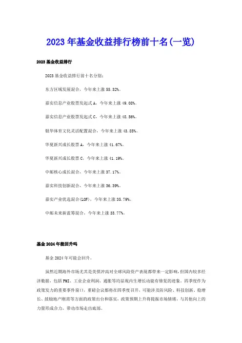 2023年基金收益排行榜前十名(一览)