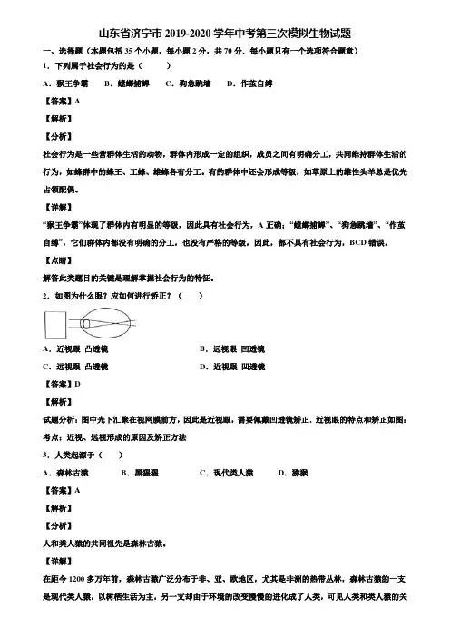 山东省济宁市2019-2020学年中考第三次模拟生物试题含解析