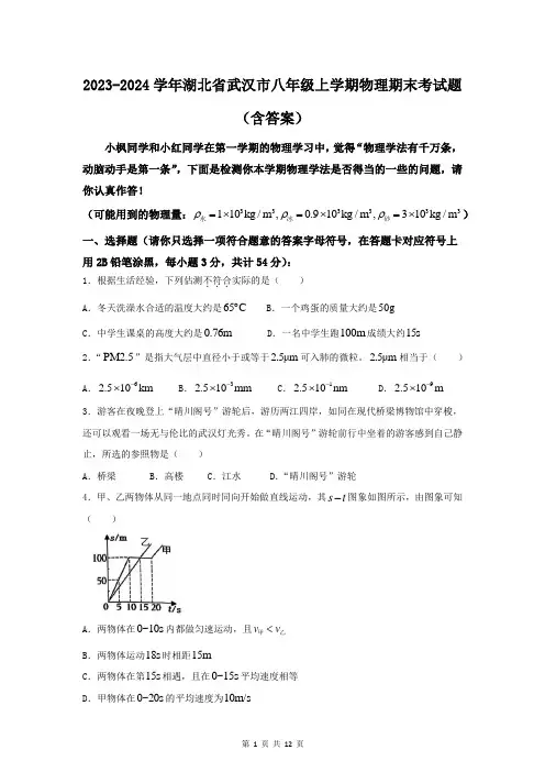 2023-2024学年湖北省武汉市八年级上学期物理期末考试题(含答案)