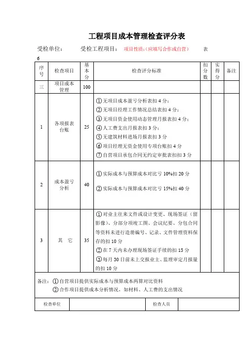 工程项目成本管理检查评分表