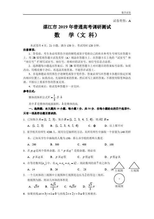 湛江市2019届高三调研考试数学试题(文科含答案)