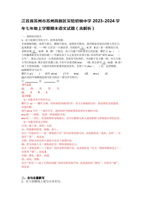江苏省苏州市苏州高新区实验初级中学2023-2024学年七年级上学期期末语文试题(含解析)