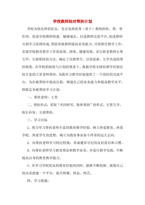 2020年学校教师结对帮扶计划