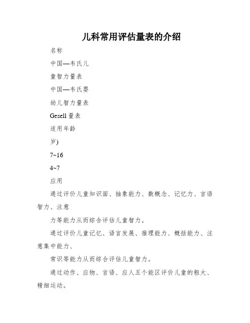儿科常用评估量表的介绍