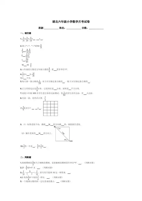湖北六年级小学数学月考试卷带答案解析
