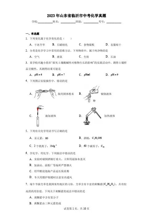 【中考真题】2023年山东省临沂市中考化学真题(附答案)